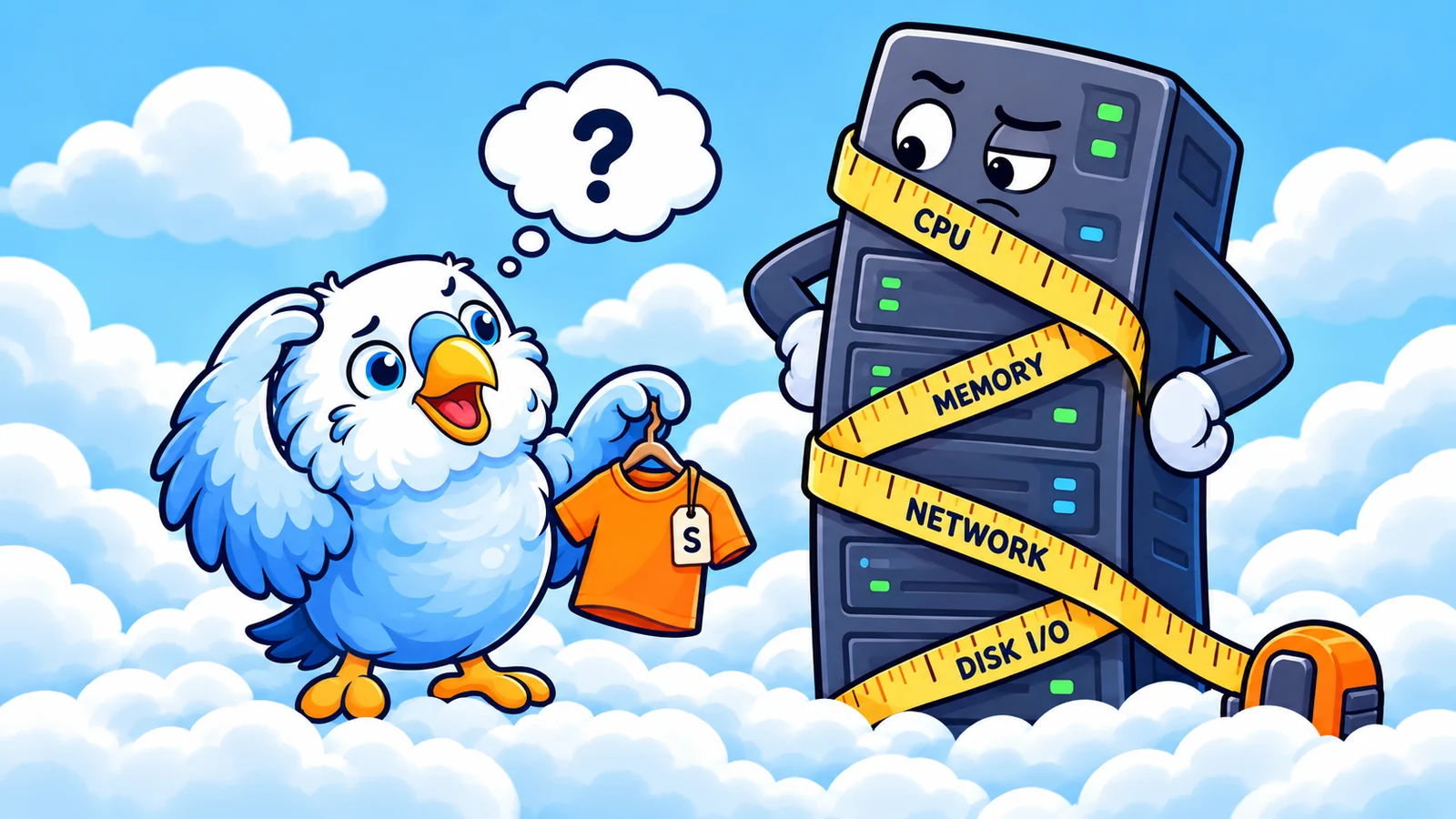Cartoon of BudgieBot scratching its head while holding up a tiny T-shirt to a tall, skeptical server wrapped in a tape measure marked CPU, memory, network, and disk I/O.