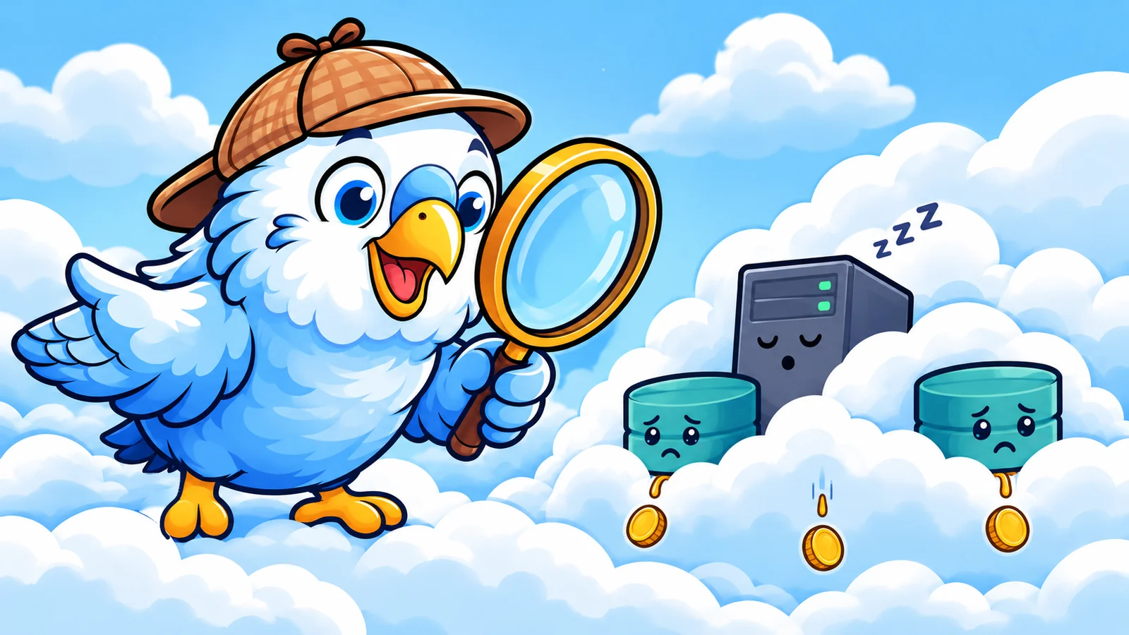 Cartoon of BudgieBot in a detective cap peering through a magnifying glass, while a sleepy server and two worried storage disks hide in the clouds, each dripping a gold coin.